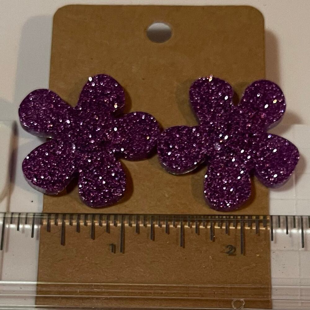 Handmade epoxy resin large flower earrings‎ - dark lavender glitter